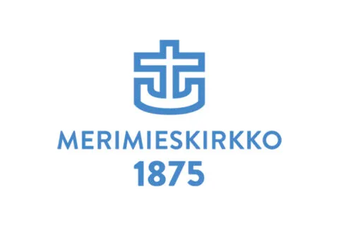Valkoisella taustalla vaaleansininen ristiankkuri, jonka alla teksti Merimieskirkko ja vuosiluku 1875.