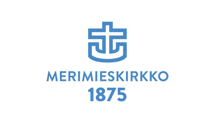 Valkoisella taustalla vaaleansininen ristiankkuri, jonka alla teksti Merimieskirkko ja vuosiluku 1875.