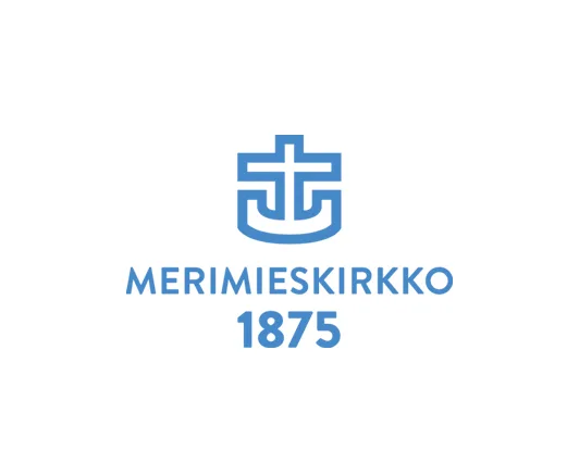Valkoisella taustalla vaaleansininen ristiankkuri, jonka alla teksti Merimieskirkko ja vuosiluku 1875.
