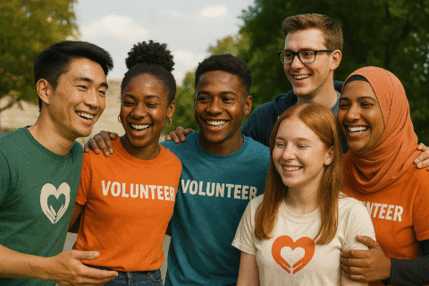 Monikulttuurinen ryhmä nuoria, joilla yllään volunteer-paita, iloisessa yhteisöllisessä tunnelmassa.