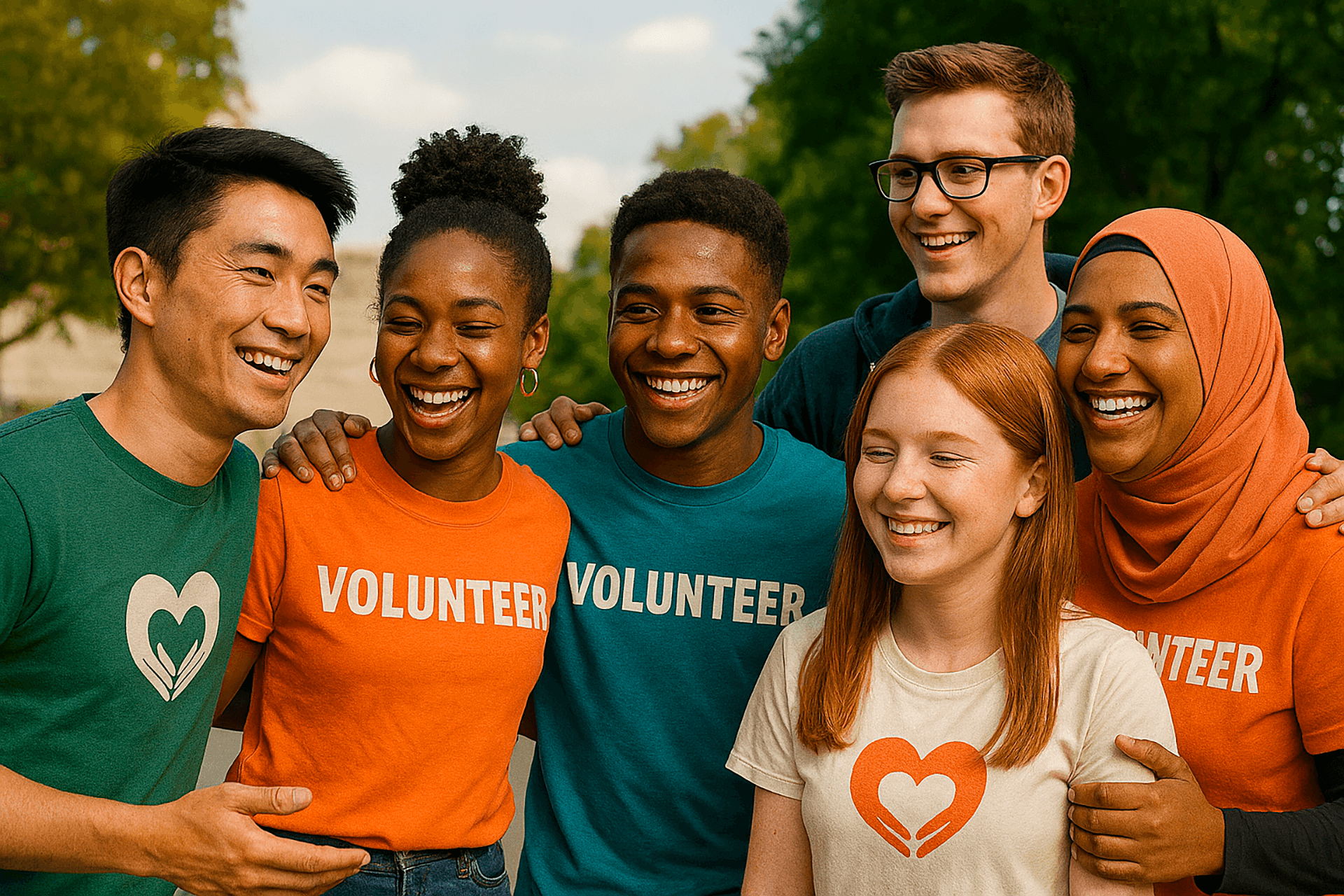 Monikulttuurinen ryhmä nuoria, joilla yllään volunteer-paita, iloisessa yhteisöllisessä tunnelmassa.