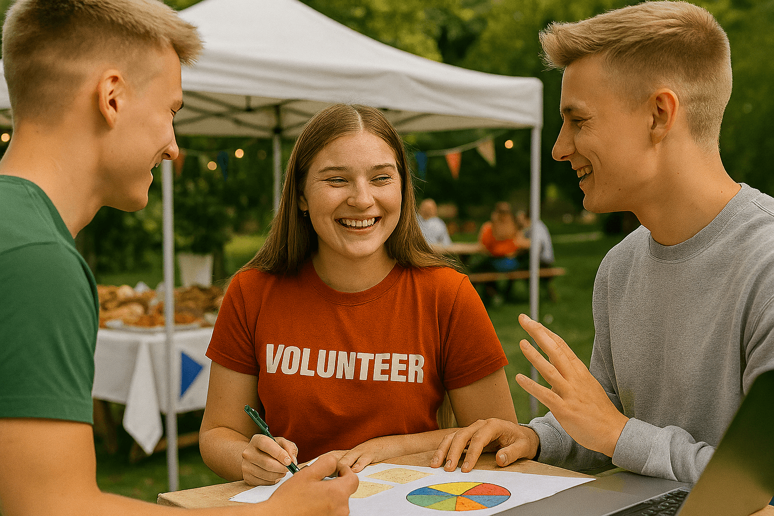 Kaksi valeatukkaista poikaa ja yksi tyttö, jolla lukee punaisessa paidassa Volunteer, iloisissa tunnelmissa puistossa pöydän äärellä.