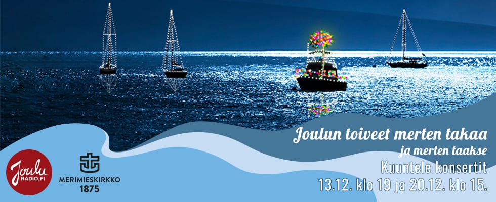 Täysikuu taivaalla, merellä purjeveneitä, joista yhdessä jouluisia valoja.