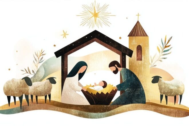 Piirroskuva jouluseimestä, jossa lapsi ja jonka äärelle kumartneen mies- ja naishenkilö, sivulla lampaita ja ylhäällä loistaa tähti.