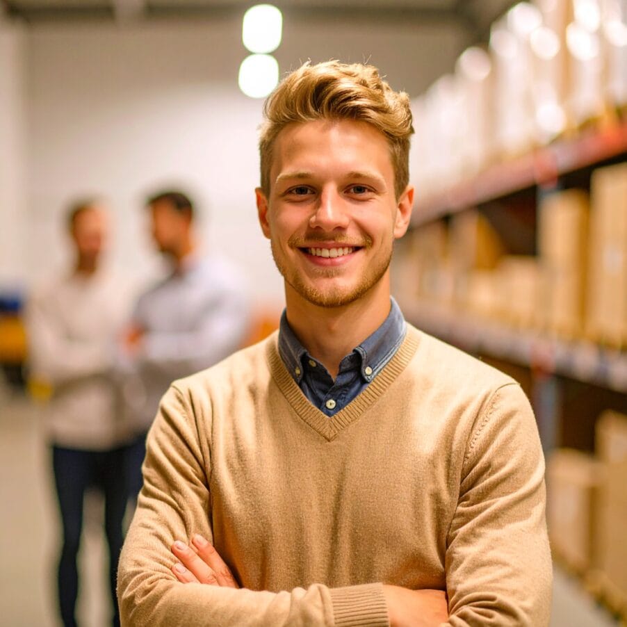 Nuori hymyilevä vaaleaan neuleeseen pukeutunut mies, taustalla kaksi ihmistä.