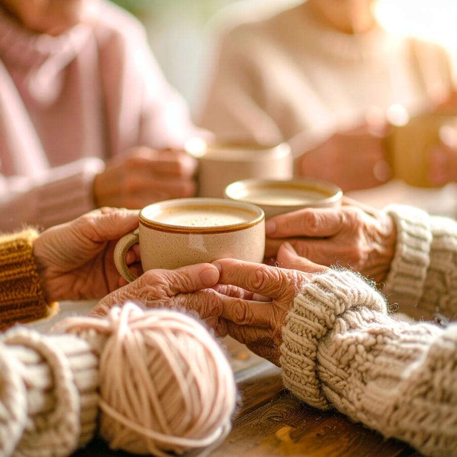Iäkkäiden ihmisten käsiä, jotka pitelevät kahvikuppeja, pöydällä lankakerä.