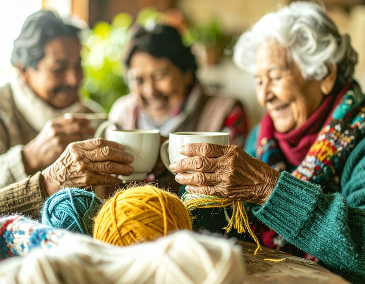Kolme hymyilevää iäkästä naista kahvikupit käsissään, pöydällä keltainen ja sininen lankakerä.
