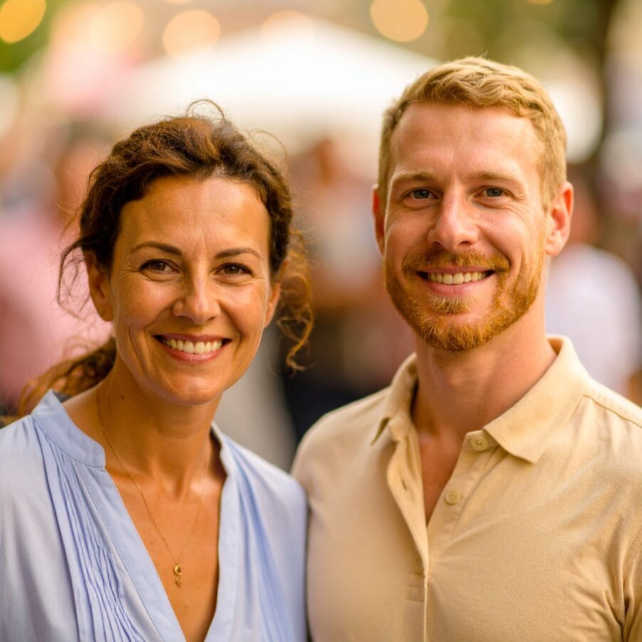 Hymyilevä ruskeatukkainen nainen ja vaaleatukkainen, parrakas mies.