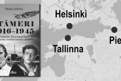 Taustalla kartta Itämeren alueesta ja sen päällä kirjan kannen kuva.