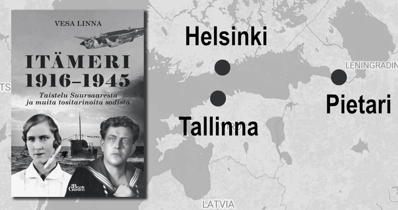 Taustalla kartta Itämeren alueesta ja sen päällä kirjan kannen kuva.