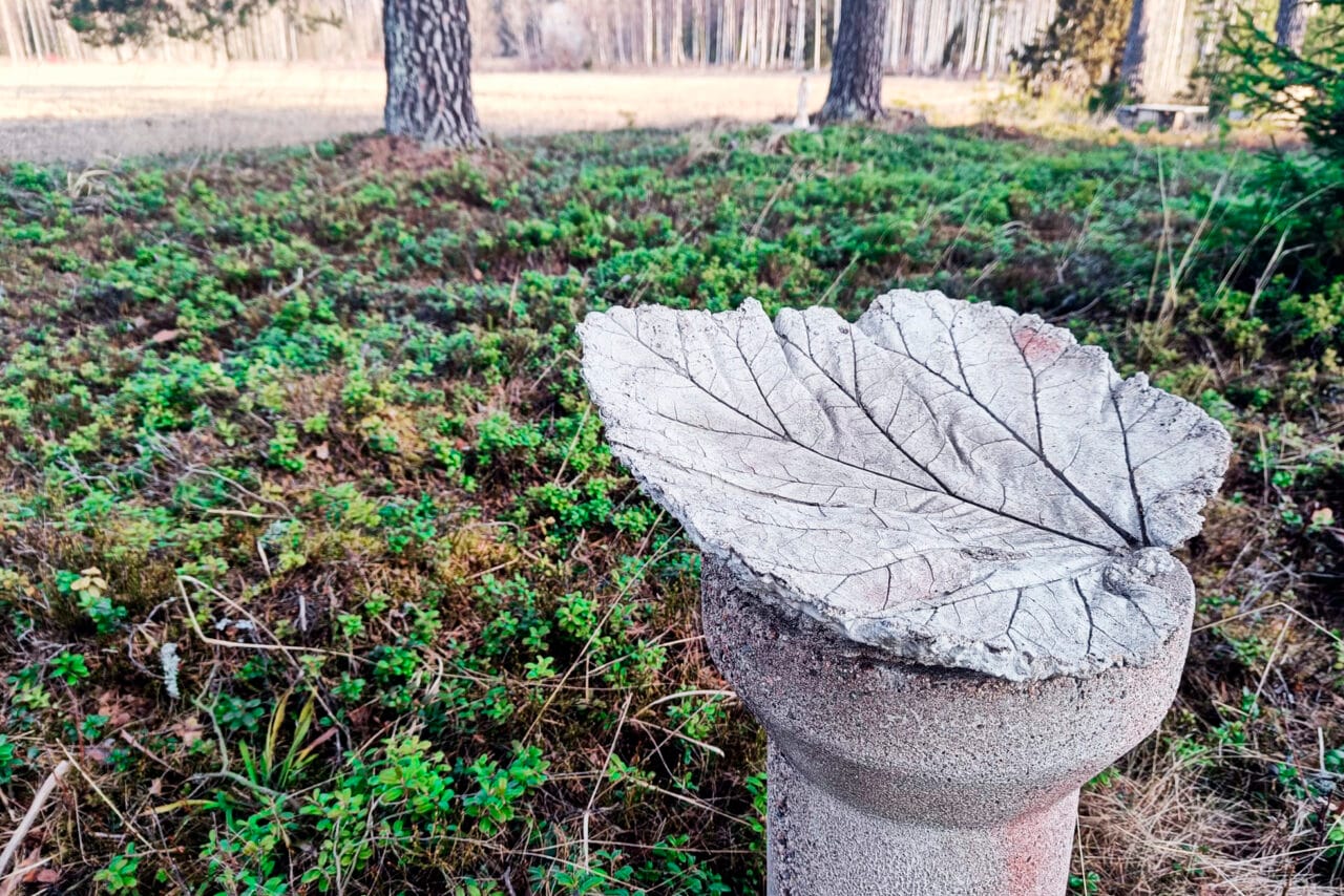 Betonista tehty harmaa isohko koivunlehden muotoinen kupera esine pyöreän noin metrin korkuisen betonijalustan päällä, taustalla alkukevään kunttakerrosta ja puita.