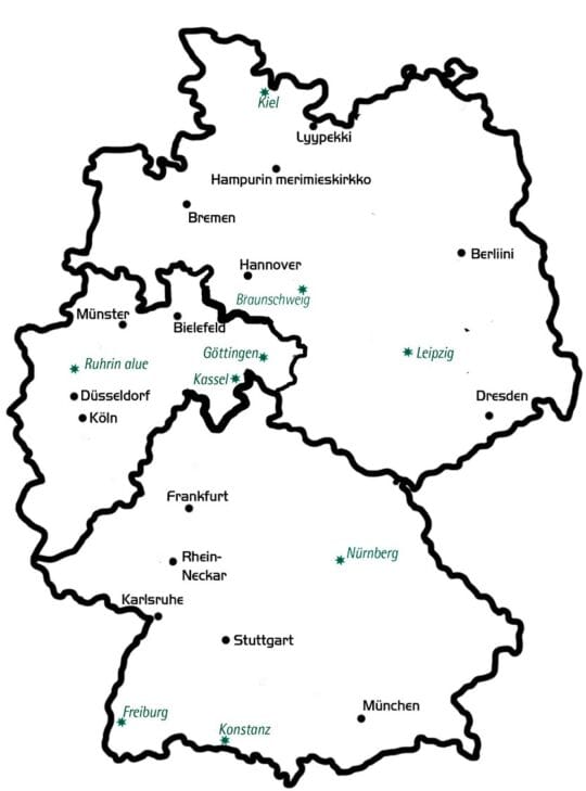 Piirroskuva Saksan kartasta, johon merkitty suomalaiset seurakuntakaupungit.